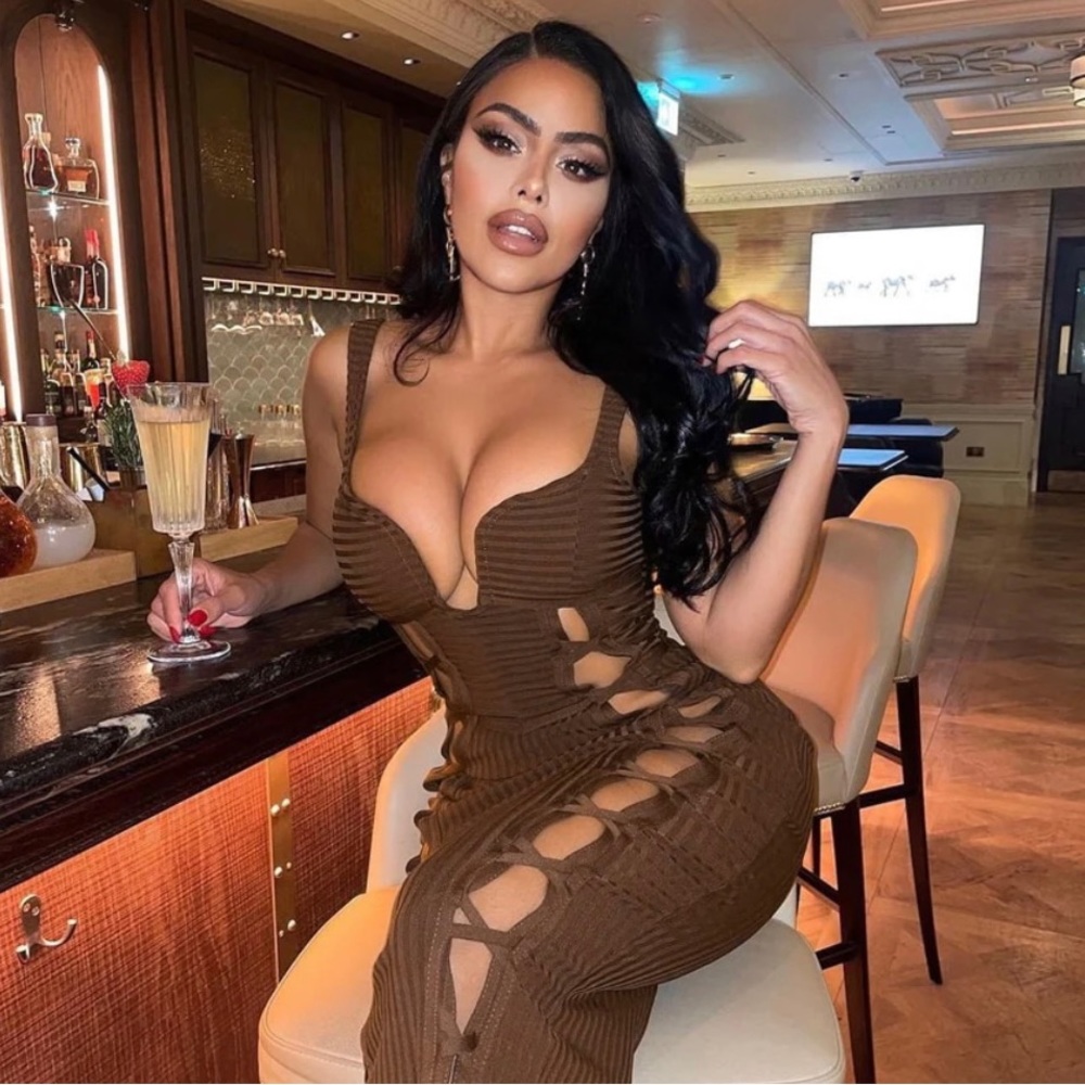 Brown ribbed cut out long dress
